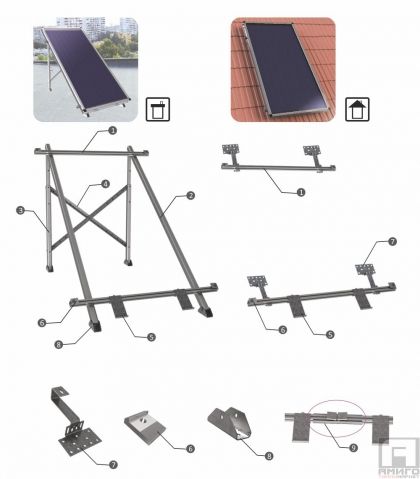 Стойка за 1 слънчев панел-колектор Sunsystem, за наклонен покрив, алуминиева